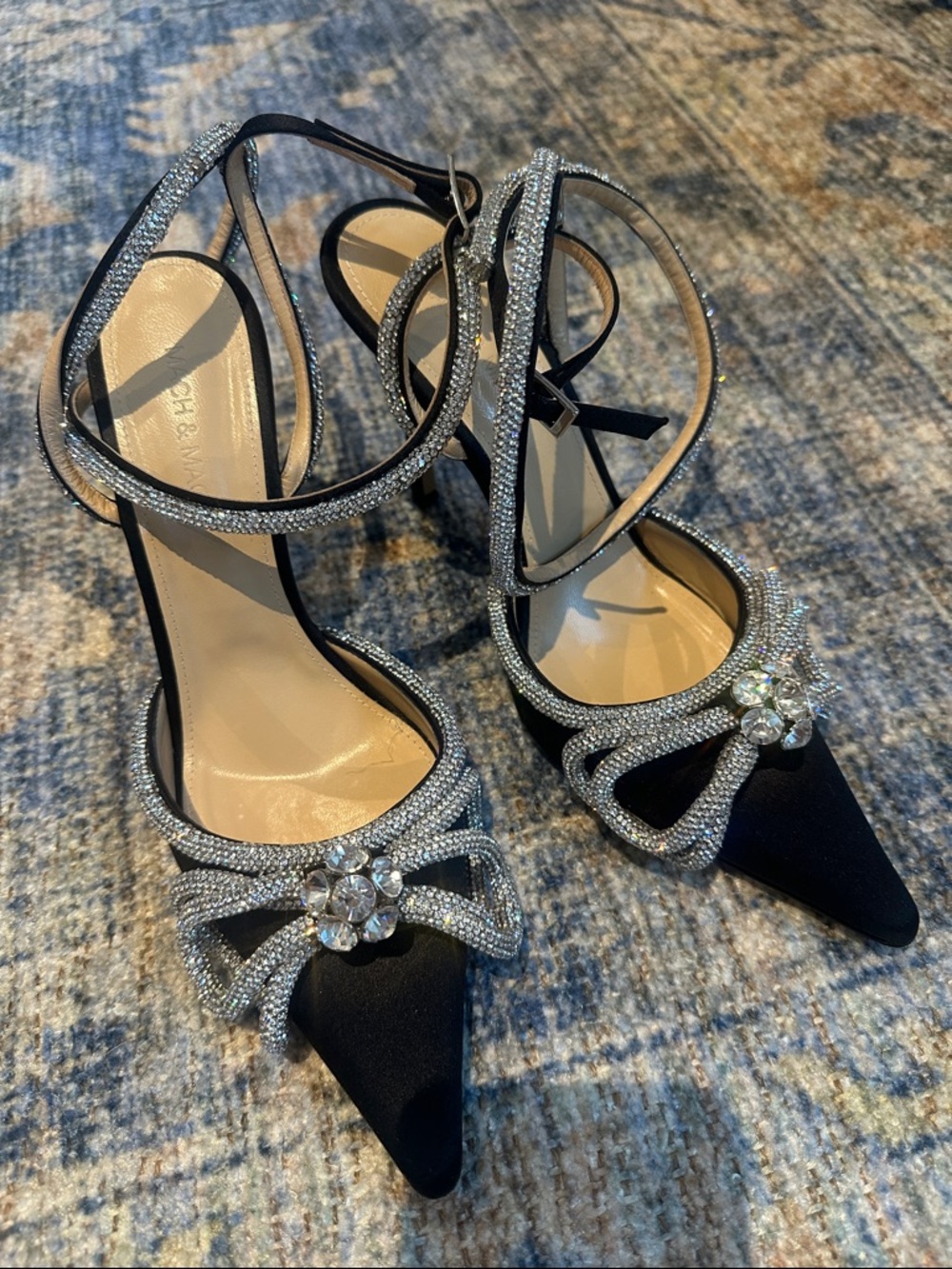 MACH & MACH Black Crystal Bow Pointed-Toe Strappy Heels